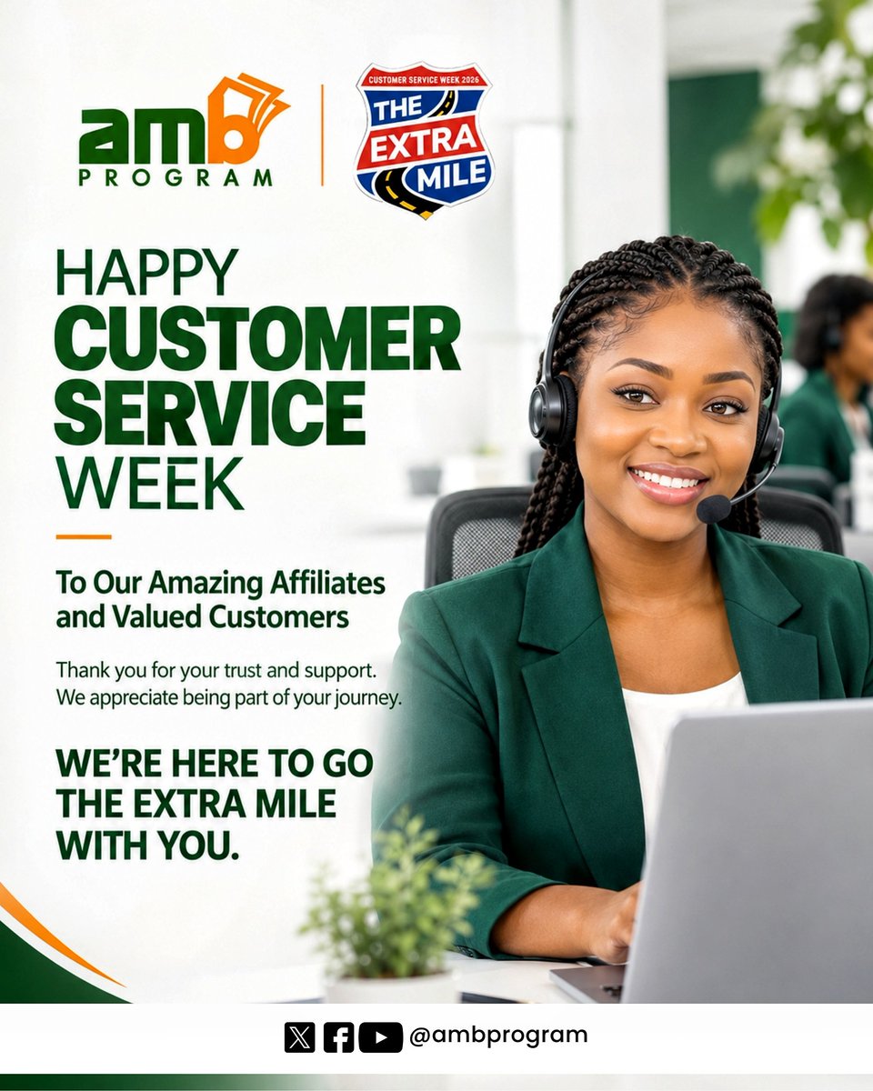 ambprogram's tweet photo. Customer Service Week may be ending, but our appreciation isn't. 💚

To our amazing affiliates and valued customers, thank you for trusting AMB Program and being part of our journey.

The week ends. Our commitment to serving you better continues.

We're here to go the extra mile with you. 🧡

#CustomerServiceWeek2026