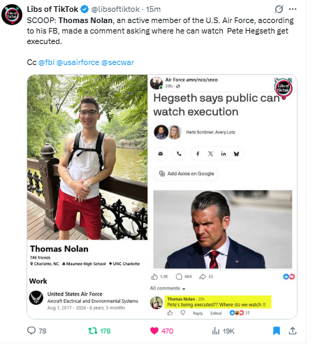 TheFloridaMike's tweet photo. Thomas Nolan, an active member of the military, is publicly talking about Pete Hegseth being executed. I am a veteran, and back in my day you would be looking at a trip to Leavenworth for that.
Attn: @fbi @usairforce @SecWar 
Who wants to help make Mr. Thomas Nolan famous? https://t.co/qsq4vk2WhP