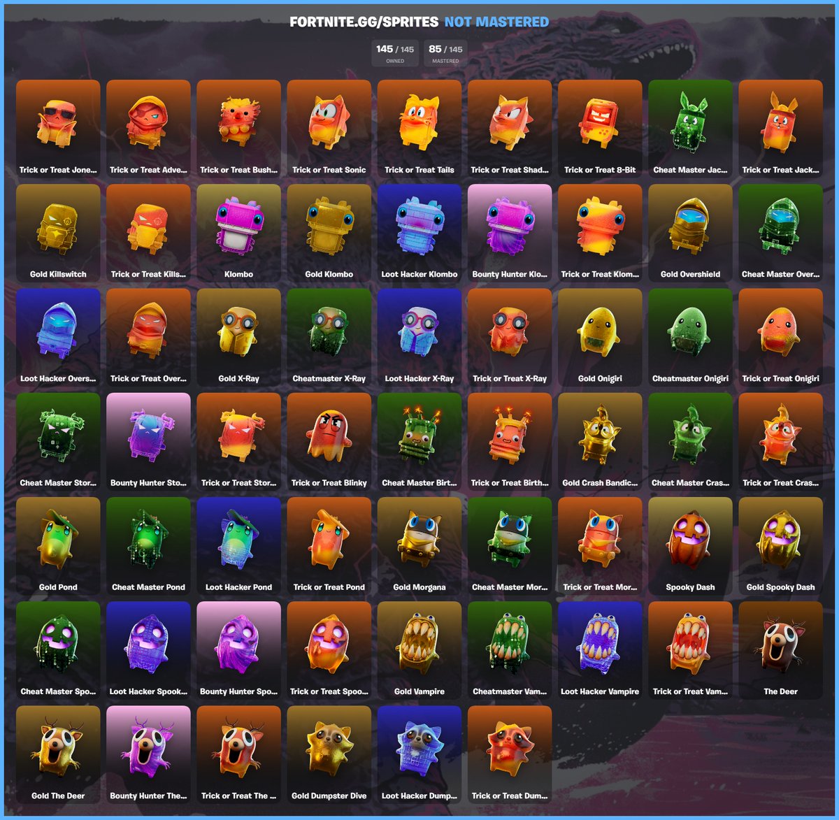 Missinguser000's tweet photo. Trading sprites. Only looking for these i havent mastered  yet. I got every sprite. 

If you give a mastered klombo i will help you complete your entire sprite collection.

#Fortnite #Sprites https://t.co/gLfGkd8nwU