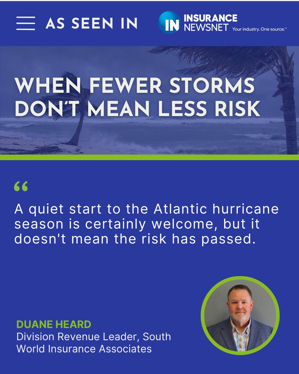 WorldInsur's tweet photo. In a recent @InsNewsNet article, Duane Heard shares why fewer storms don't necessarily mean less risk.

Read the full article: https://t.co/VYrxkf0JsZ

#PropertyInsurance #RiskManagement #InsuranceInsights #HomeownersInsurance #TheWorldDifference https://t.co/zXnRbTDK92