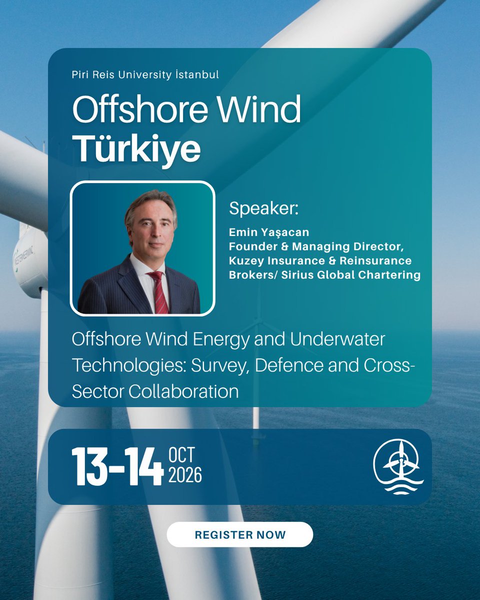 dured_towea's tweet photo. Emin Yasacan joins us as a speaker at Offshore Wind Türkiye 2026!
📅 13–14 October 2026
📍 Piri Reis University, Istanbul
📝 Free registration: https://t.co/SH0xb48LPj
#OffshoreWindTürkiye2026 #DÜRED #KuzeyInsurance https://t.co/f8OIiehocT
