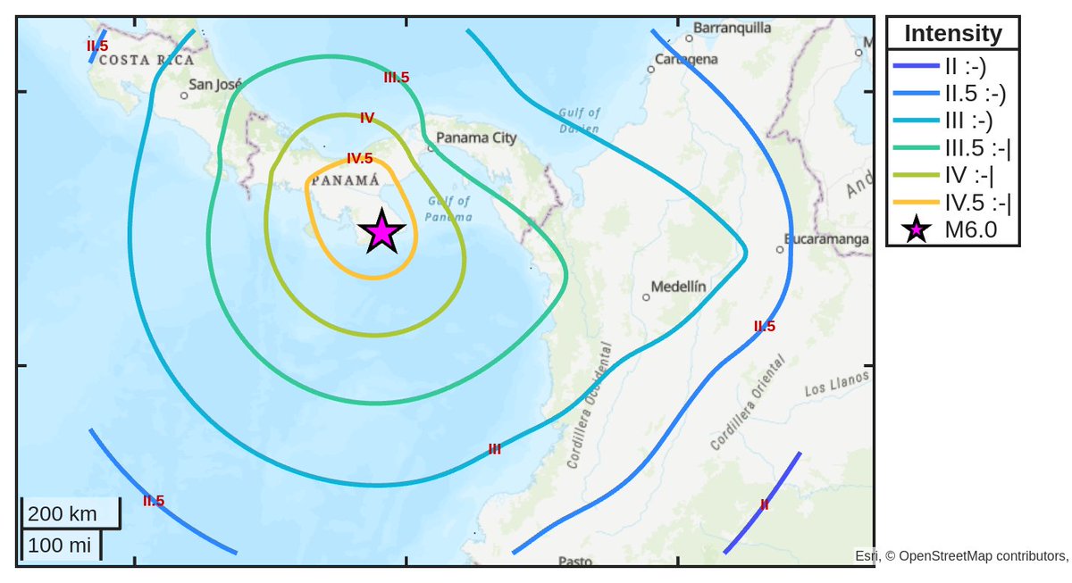 SismoDetector's tweet photo. Mapa de intensidad del #sismo M6.0 ocurrido a las 18:37:47 (UTC) con epicentro a 41 km de #Panamá, Panamá. Descarga la app Sismo Detector desde https://t.co/jS9crK4Riw para recibir alertas en tiempo real en tu smartphone https://t.co/xCp9XDQGjb