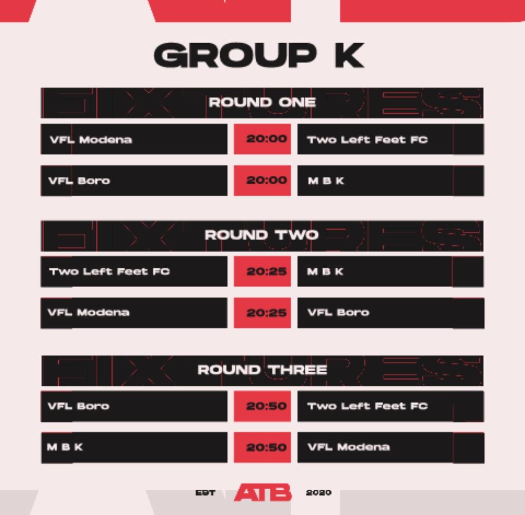 BscXb's tweet photo. Our schedule for the ATB tournament tonight! We have been placed into Group K with Two Left Feet, Middlesbrough &amp; M B K https://t.co/rYwBnSIZKR