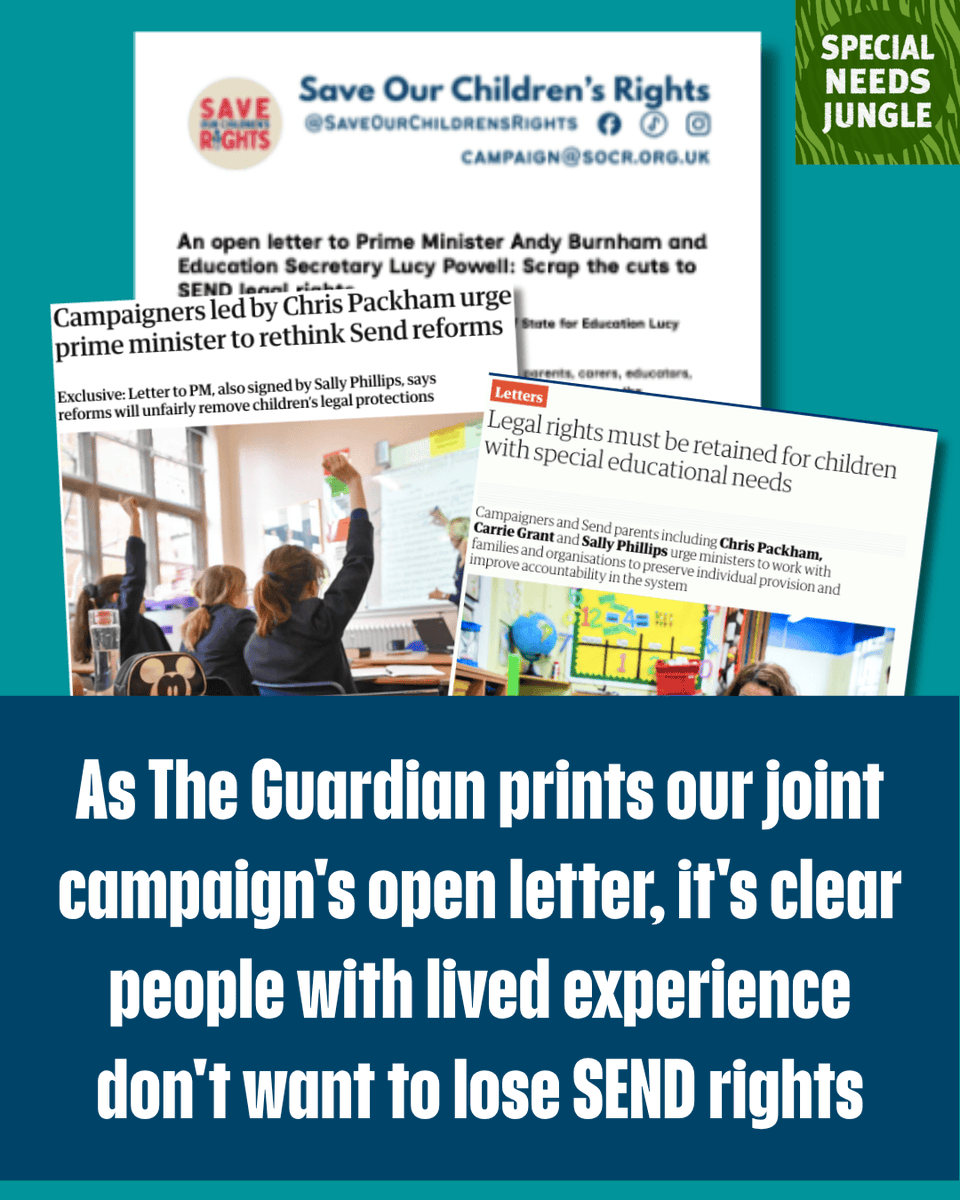 SpcialNdsJungle's tweet photo. On SNJ Today: Our joint Save Our Children's Rights campaign has had an open letter to Andy Burnham and Lucy Powell printed in The Guardian. We know people with lived experience don't want to lose SEND rights. We need the Government to listen  https://t.co/qiGnAgdTh3 https://t.co/KkM4CzEOCH