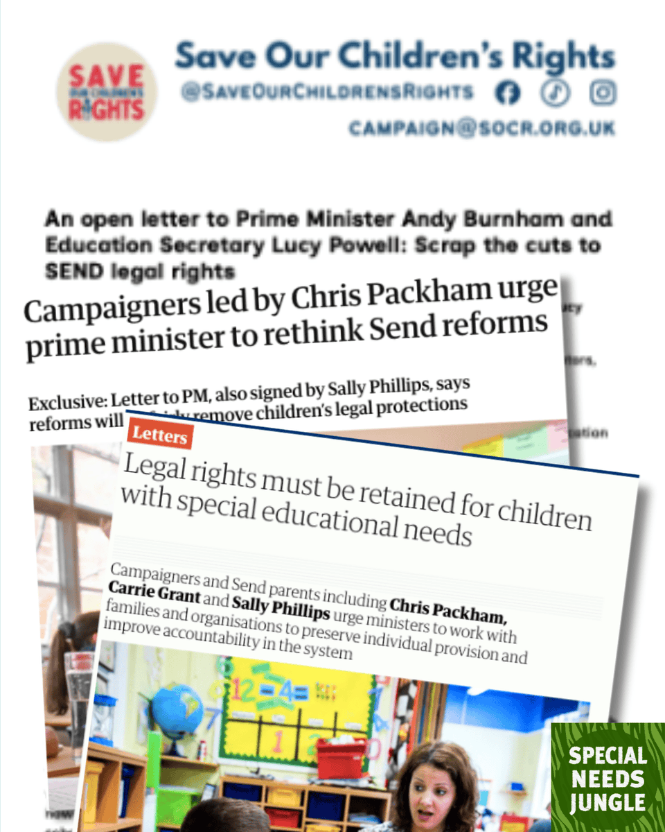 SpcialNdsJungle's tweet photo. On SNJ Today: Our joint Save Our Children's Rights campaign has had an open letter to Andy Burnham and Lucy Powell printed in The Guardian. We know people with lived experience don't want to lose SEND rights. We need the Government to listen  https://t.co/qiGnAgdTh3 https://t.co/KkM4CzEOCH