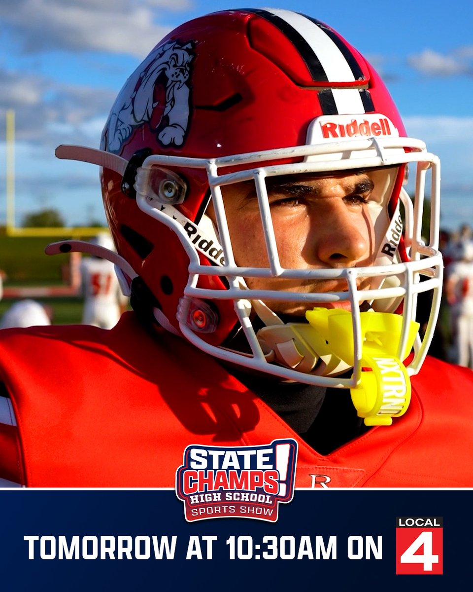 A high school football player wearing a red Riddell helmet with a bulldog logo, promoting 'STATE CHAMPS! HIGH SCHOOL SPORTS SHOW' airing tomorrow at 10:30am on Local 4.