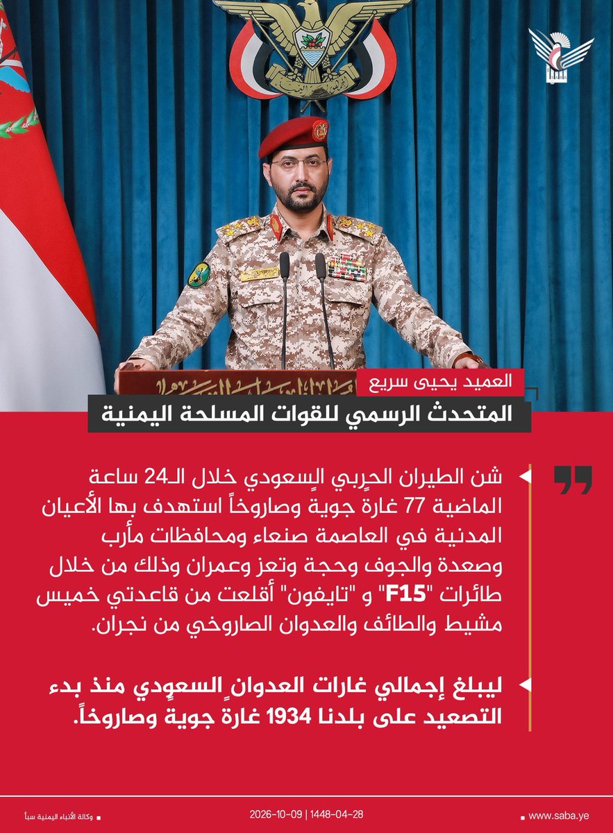 BAlymny62511's tweet photo. عاجل

المتحدث الرسمي للقوات المسلحة اليمنية العميد يحيى سريع: 

- شن الطيران الحربي السعودي خلال الـ24 ساعة الماضية 77 غارةً جويةً وصاروخاً استهدف بها الأعيان المدنية في العاصمة صنعاء ومحافظات مأرب وصعدة والجوف وحجة وتعز وعمران . https://t.co/HLsStfki0Z