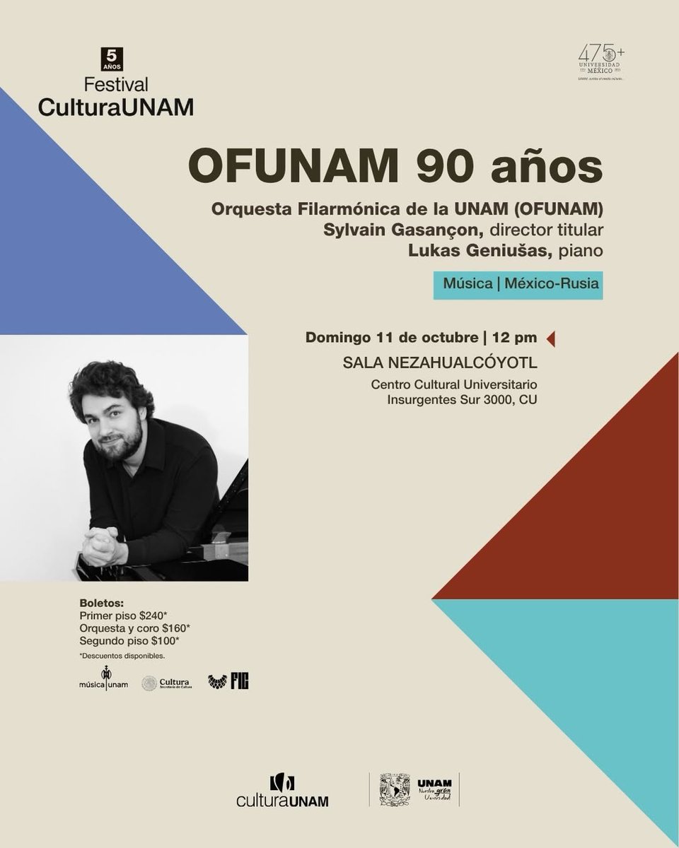 OFUNAM's tweet photo. Finalizamos nuestra participación en el Festival @CulturaUNAM con un programa que reúne tres momentos de la escritura orquestal. Interpretamos “Breves sombras” de Ana Lara, el Concierto para piano núm. 4 de Beethoven y la Octava sinfonía de Antonín Dvořák.

Participan: Sylvain Gasançon, director titular / Lukas Geniušas, piano

Domingo 11 octubre | Sala Nezahualcóyotl | 12:00 pm
• Más información: https://t.co/0Ax72VS6uw
• Adquiere boletos en taquilla o en línea aquí: https://t.co/UPX1SpviVJ

#MúsicaUNAM #CulturaUNAM @musicaunam @SAOFUNAM