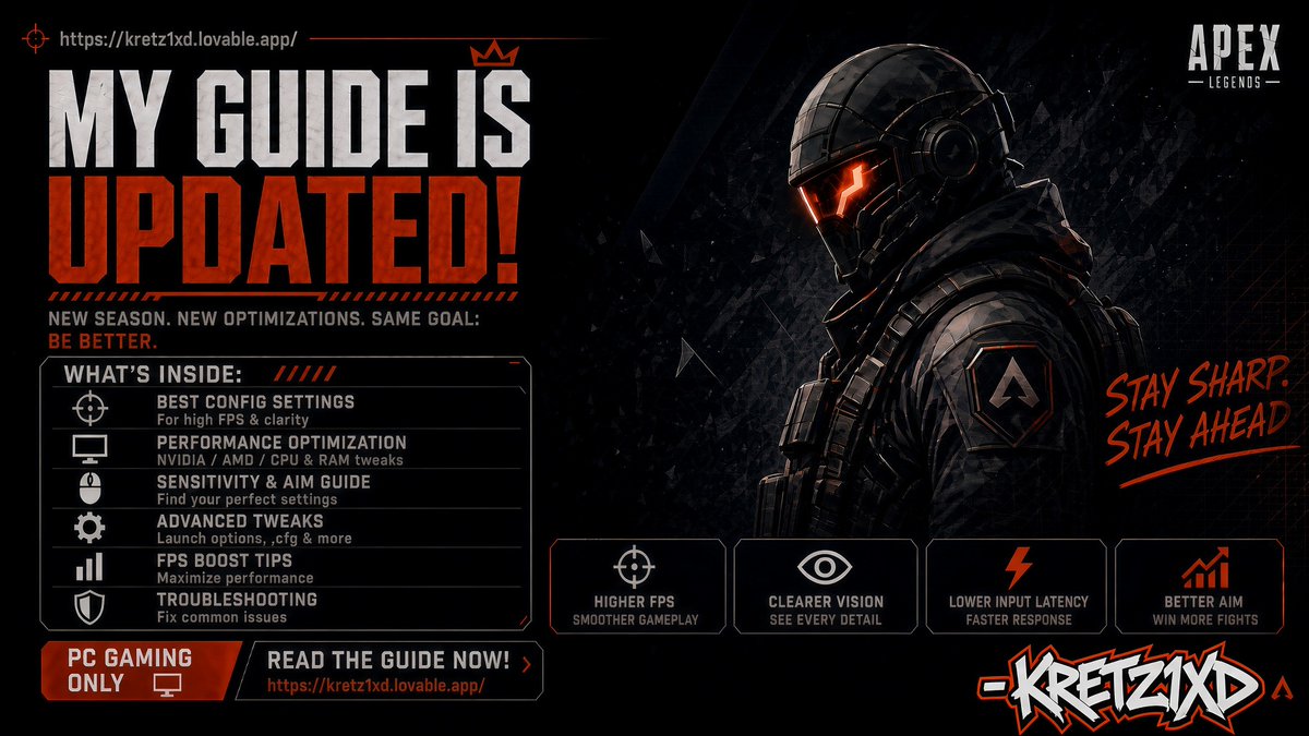 mister9836's tweet photo. https://t.co/Wnw9kDZVpY
My guide is updated! Check it out!
#ApexLegends #ApexLegendsOptimization #FPSguide #ApexConfigs #ApexSettings #LowLatency #InputLag #FPSBoost #ApexTips #ApexLegendsGuide #PCGaming #CompetitiveApex https://t.co/4cVPjDOlby