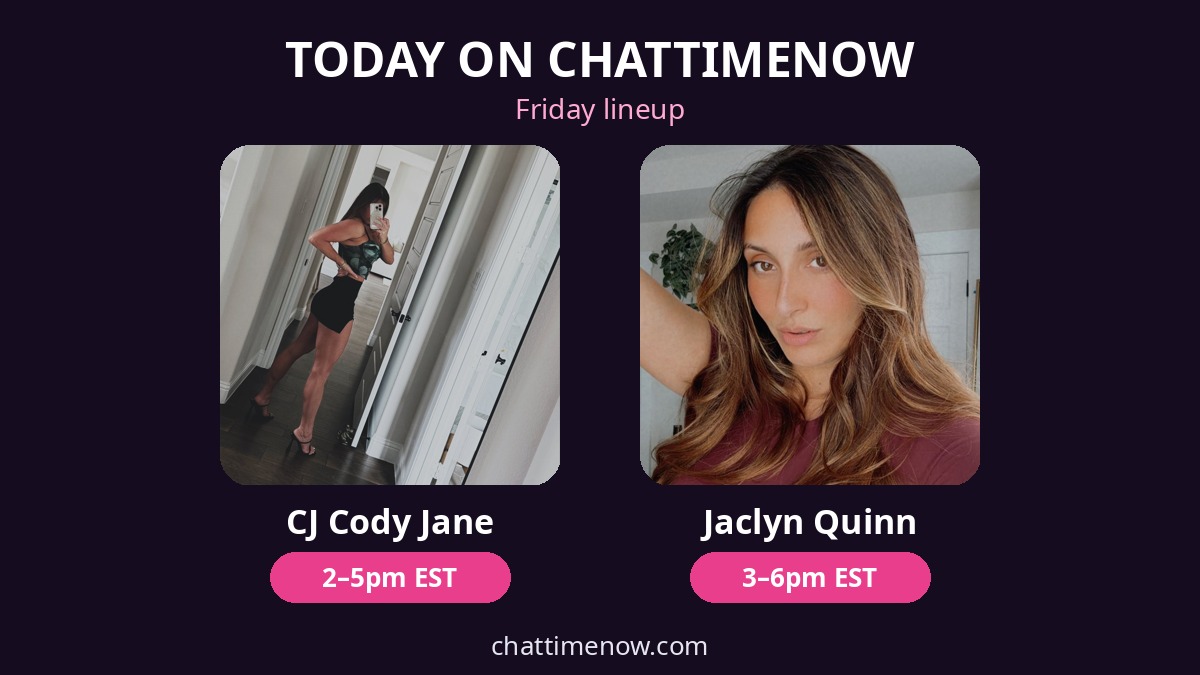 ChatTimeNow's tweet photo. Friday double feature 🎬💕
🤠 @CJCodyJane1 2–5pm EST
💋 @Jaclynquinnxo 3–6pm EST (last day before her vacation!)
Kick off your weekend with good company 🥂
https://t.co/TaZMADwUWo
#FridayFeeling #LiveChat https://t.co/12pPAHQirD
