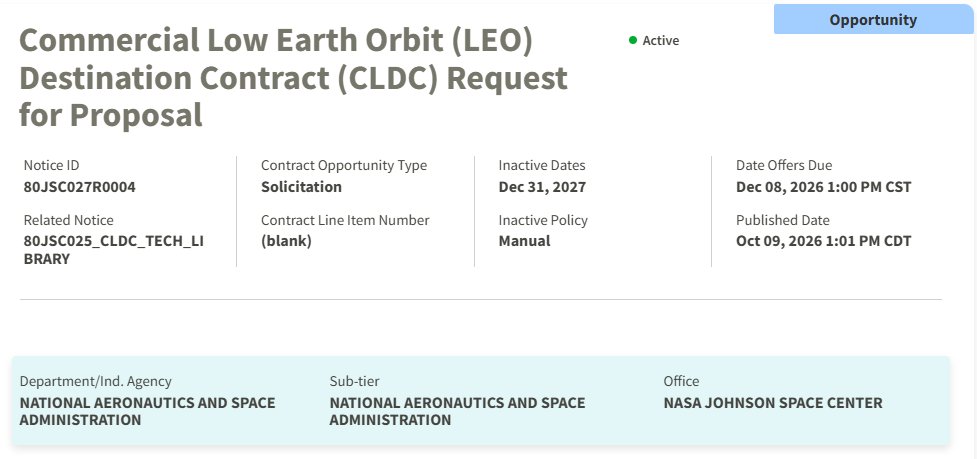 SpaceInvestor_D's tweet photo. NASA released its final RFP for the next generation of commercial destinations in low Earth orbit, with proposals due December 8 and awards expected in spring 2027.

The goal is to transition from the ISS to privately operated stations while keeping NASA in orbit.

This is a major opportunity for companies like $VOYG and the broader commercial space ecosystem.

The government will become the anchor customer but the private industry has to make the economics work and find customers beyond NASA.