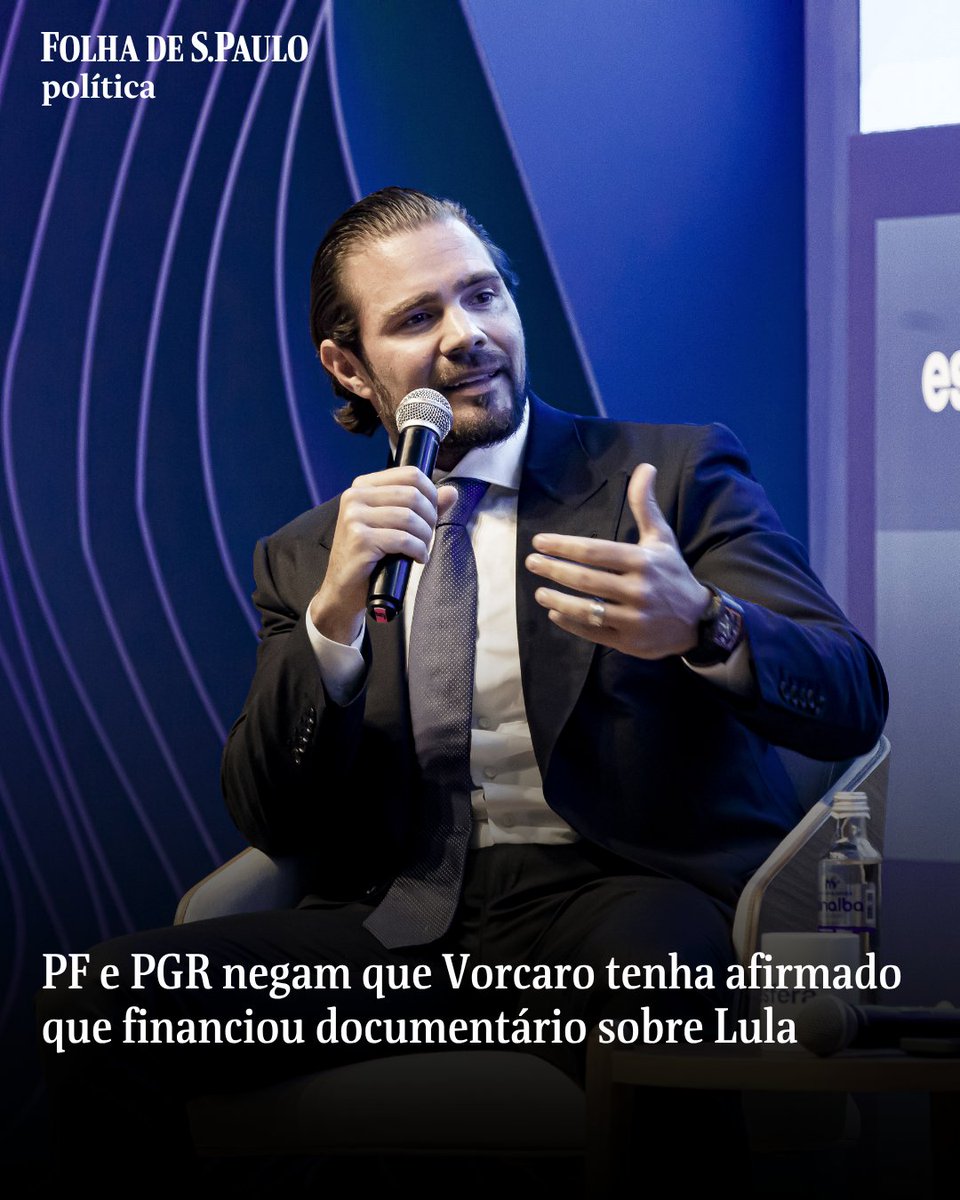 folha's tweet photo. A Polícia Federal negou nesta sexta-feira (9) que o ex-dono do Banco Master, Daniel Vorcaro, tenha prestado depoimento ou entregue documentos na sua tentativa de delação premiada a respeito de um suposto financiamento do documentário "Lula", do diretor Oliver Stone, sobre a vida do presidente. Integrantes da PGR (Procuradoria-Geral da República) também negam que haja um anexo que trate desse tema, assim como a defesa de Daniel Vorcaro.

📲Leia mais na #Folha: https://t.co/HBtwwie3dt

📷 Rubens Cavallari - 22.abr.2024/Folhapress (@rubenscavallari)
📝 José Marques

#PraTodosVerem: O dono do Banco Master, Daniel Vorcaro
