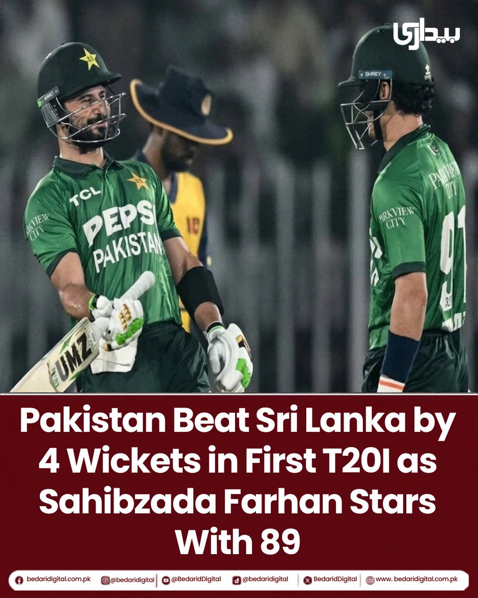 BedariDigital's tweet photo. Pakistan Beat Sri Lanka by 4 Wickets in First T20I as Sahibzada Farhan Stars With 89 Pakistan kicked off their T20I series against Sri Lanka with an impressive four-wicket victory, chasing down a target of 183 runs at Rawalpindi Cricket Stadium.he hosts reached the target in the 19th over, finishing at 183 for six to take an early lead in the series.Sahibzada Farhan Leads Pakistan’s Chase Captain Sahibzada Farhan delivered a standout performance, scoring 89 runs to guide Pakistan towards victory. Maaz Sadaqat also played a crucial role, contributing 50 runs, while Fakhar Zaman added 21.
for more:https://t.co/SUg7DbFmrw