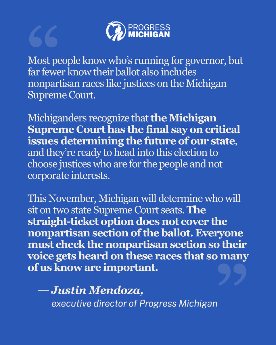 ProgressMich's tweet photo. 94 percent of Michiganders say the Michigan Supreme Court election is important to them. 72 percent say very important. ⚖️

Straight-ticket party vote doesn't cover it. Make sure to fill out your whole ballot! https://t.co/IF2RoisCfa