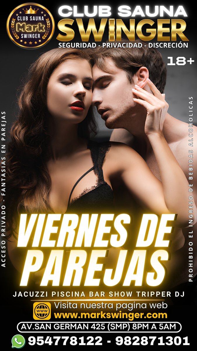 saunamarksw's tweet photo. 📅 *VIERNES 09 OCTUBRE: NOCHE DE PAREJAS SEMIOPEN SEXO EN VIVO, INTERCAMBIOS & TRÍOS.*

🌀 *CONTÁCTANOS*
📱 https://t.co/LFhv8eGrfs
📱 https://t.co/MLzAJlZGcj

🏠 *LOCAL: Av. San Germán 425 (SMP)* 
🕒 *HORARIO: De 8PM A 5AM*

📌 *CHICAS: S/. 30 Soles*
📌 *PAREJAS: S/. 70 Soles*
📌 *SOLOS: S/. 100 Soles* 

📌 *INCLUYE:*
✅ Jacuzzi y piscina con hidromasaje temperado
✅ 10 habitaciones para interactuar 
✅ Cámara seca y vapor
✅ Se brindan toallas y sandalias
✅ Casilleros guardarropas
✅ Estacionamiento externo vigilado
✅ Sillones tártricos y camillas
✅ Bar, música y Show stripper
📌 *IDEAL PARA FANTASÍAS:*
✅ Exhibicionismo, nudismo 
✅ Ver y ser vistos (Cada uno con su pareja) 
✅ Intercambios de pareja
✅ Voyeurismo (solo ver)
✅ Trios HMH y experiencias cuckold

🌐 *Pagina web*
https://t.co/f5zbqgy9Vb
✖️ *Síguenos en Twitter (X)*
https://t.co/jC5U8schWo
🎬️ *Síguenos en tiktok*
https://t.co/MJykqqkV9T
🟢 *Síguenos en Telegram*
https://t.co/guNljikGX0