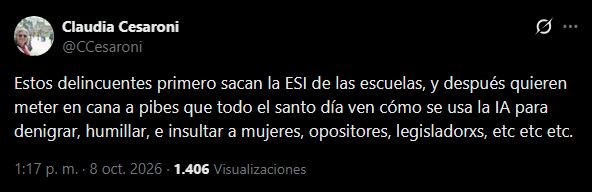 GordoEdicion's tweet photo. Estaba viendo el caso de los pendejos que alteraron fotos de sus compañeras con IA y las vendían en internet. Vi que gracias a la baja de la imputabilidad los terminaron imputando. Ojalá se coman un lindo garron.

Lo que me llamó la atención fue ver kukitas pidiendo un castigo ejemplar, cuando hace unas semanas estaban militando exactamente lo contrario. Así que tuve que ir a chequear a la máxima autoridad en la materia.

Sí, efectivamente Claudia salió a defender a los pendejos que producían y distribuían p*rnografia infantil. 

Es una taliban de lo indefendible, mvere con la suya.