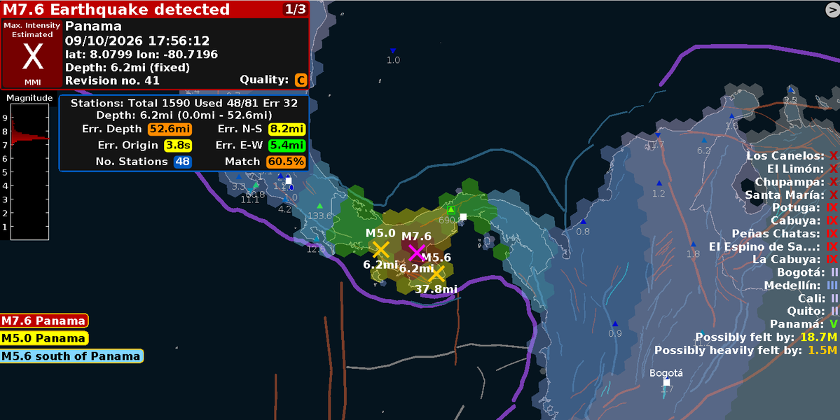 anquakes's tweet photo. A magnitude 7.7 earthquake has occured in Panama, with the USGS issuing a red pager, indicating that the earthquake likely caused extensive damage and possibly death. The Tsunami Warning Center has indicated that 1-3 meter high tsunami waves are possible near Panama. https://t.co/UMeuczTA9N