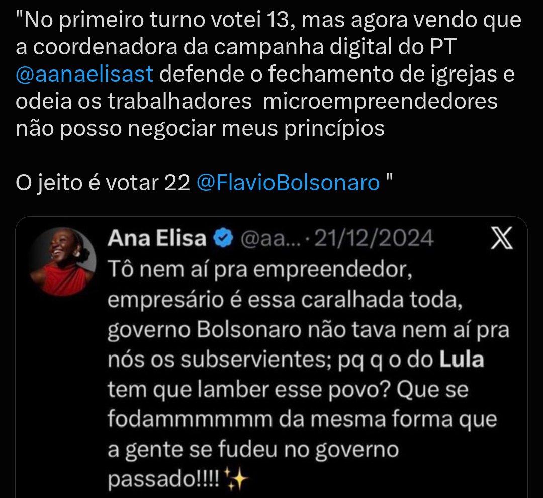 Econanders's tweet photo. @SCHENAA Pois eu votei Lula no primeiro turno e agora vou de Flávio. Descobri que a camisa 9 dele quer fechar igrejas e odeia MEI. https://t.co/hDO2chsBON