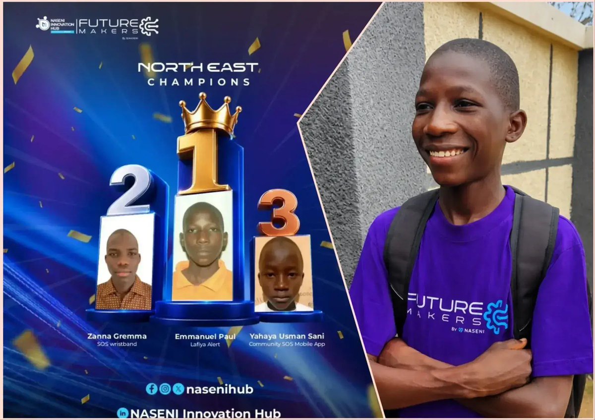 shuaibu75's tweet photo. This week was defined by brilliance, and hope at the #InnovateNaija, and #FutureMakers showed us the power of Nigerian ingenuity.

We watched incredible young innovators step up, ready to propel our country into a new era of advanced technology. But one story truly captured my heart: Emmanuel Paul from IDP Camp, who was crowned the national champion of the future makers competition for his security innovation,"Lafiya Alert."

Born out of immense personal tragedy—the loss of his parents in the North East.— "Lafiya Alert" was developed to combat insecurity and protect communities. He channeled his profound loss into a purpose-driven innovation that will undoubtedly save lives.

This powerful story is a reminder of the resilience of the Nigerian spirit. And the best part? This is just the beginning. Expect more transformative, indigenous innovation initiatives coming from @NASENIHQ & @Nasenihub under the leadership of our visionary EVC/CEO, Mr. @KSHalilu.
The future of Nigerian tech is in great hands.

#ksh #infinitepossibilities #InnovateNaija #FutureMakers #NASENI #NigeriaTechSolutions