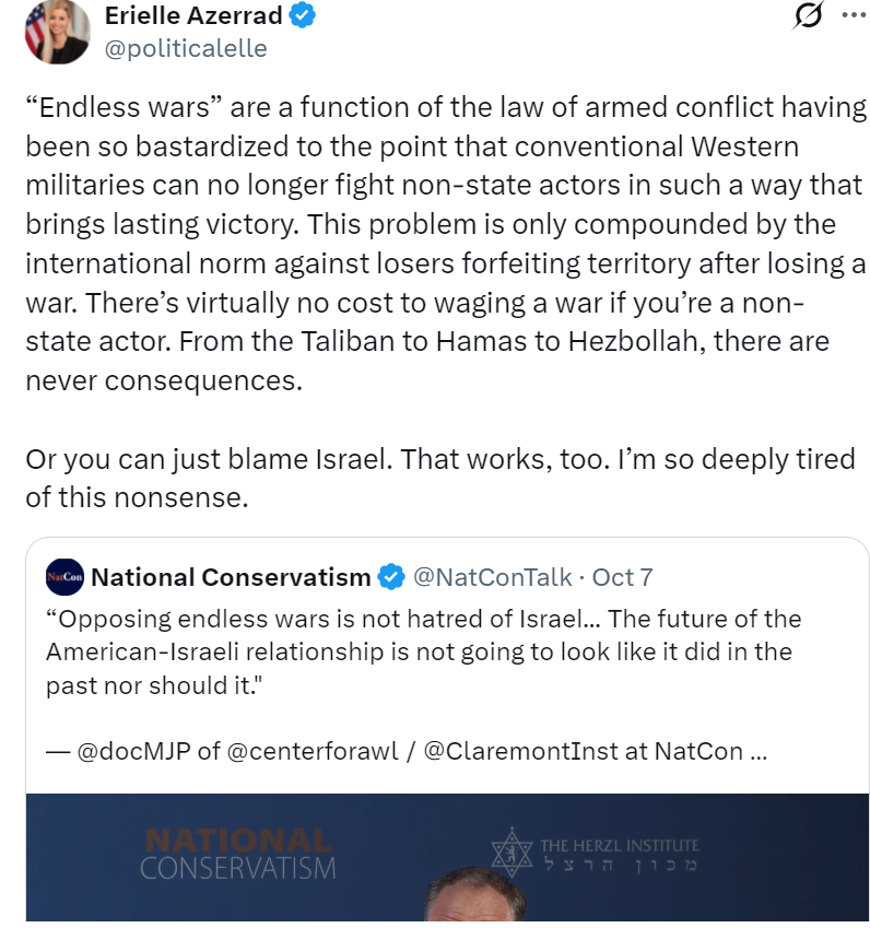 VladimirSuvor's tweet photo. This is an excellent point Yarvin makes repeatedly. He loves contrasting the Azeri-Armenian war, which had no US/international involvement and was thus resolved quickly, with minimal casualties, versus the eternal Israeli-Arab conflict, where the US bans Israel from permanent victory.

Amusing that someone who works for Ted Cruz perfectly understands this, whereas muh based fat dork influencer, Matthew Peterson, is either ignorant of this fact or pretends to be out of malice.