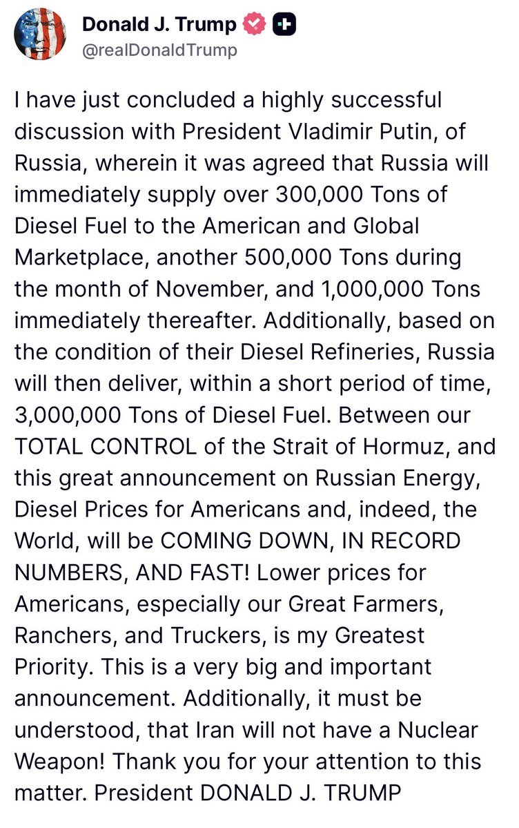 TheNavroopSingh's tweet photo. Trump announces energy deal for Diesel supplies from Russia while stupid Zelensky keeps Blastsing Russian refineries https://t.co/CnlmQClW4B