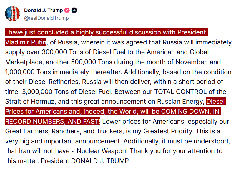 disclosetv's tweet photo. JUST IN - Trump says he has struck a deal with Putin for Russia to sell 4.8 million tons of diesel fuel to the U.S. and global markets. https://t.co/5qL3F1rcTL