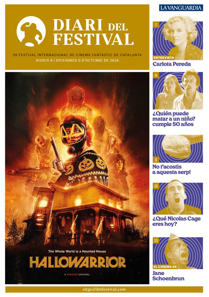 XaviSanchez's tweet photo. Disponible el primer DIARI DEL FESTIVAL online.  Los contenidos principales son una entrevista con CARLOTA PEREDA y un artículo de los 50 años de ¿QUIÉN PUEDE MATAR A UN NIÑO?, con las voces invitadas de @mgarzacervera @Paco_Cabezas y más.

#Sitges2026

https://t.co/DK3UDyjPaG https://t.co/vEvl7yolpy