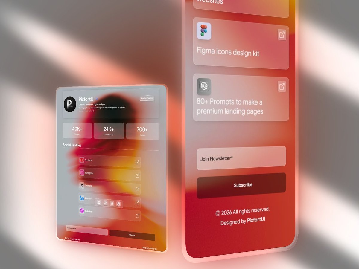 alixasssan's tweet photo. Stop sending people to a boring list of links.

So I built one that doesn't look like everyone else's.

Glass Link in Bio, a template for Framer:

✦ Links + shop + contact form
✦ Stats + newsletter signup
✦ Fully responsive

Comment “GLASS” and I'll send the link. 👇 https://t.co/MMvIqPojEz