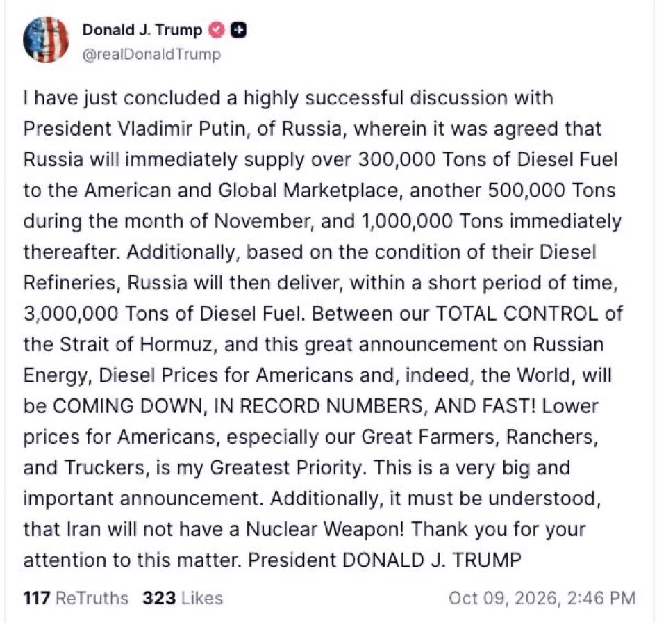 cryptofrontio's tweet photo. BREAKING 🚨🚨🚨: RUSSIA TO SUPPLY USA WITH DIESEL 

The market may respond very positively to this. It is a shocker tbh. https://t.co/9iVSgppbg1