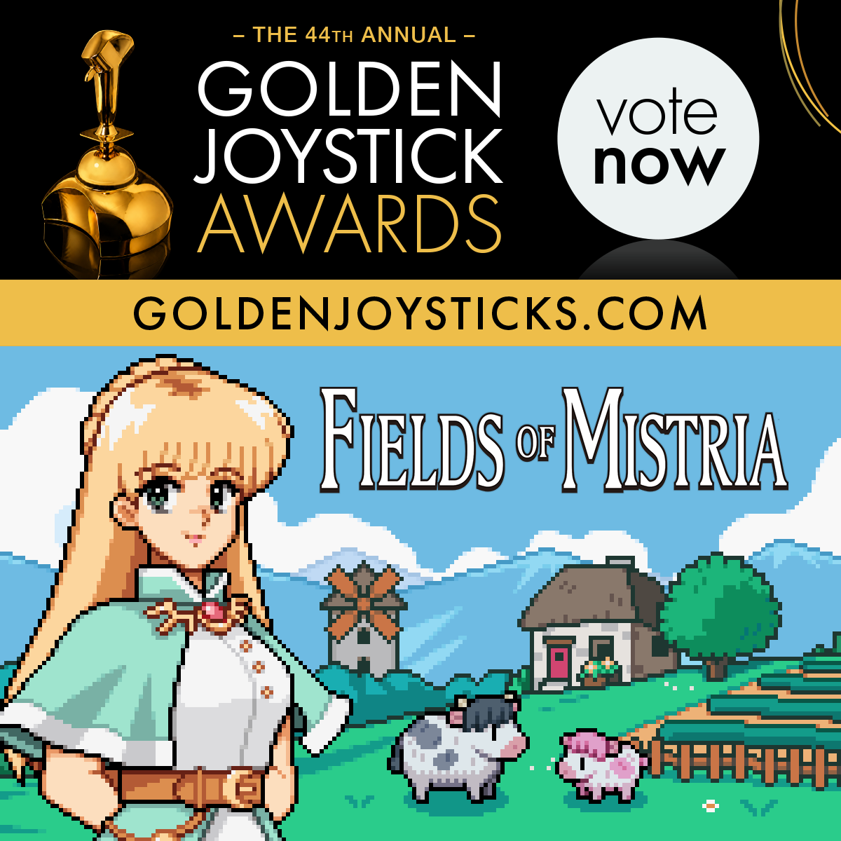 FieldsofMistria's tweet photo. ✨ Fields of Mistria has been nominated for Best Indie Game – Self Published at the Golden Joystick Awards!

If you’ve enjoyed exploring Mistria and meeting its residents, we’d love to have your vote. 💚
Vote now: https://t.co/uaZT4kO61A https://t.co/RHMT91GThM
