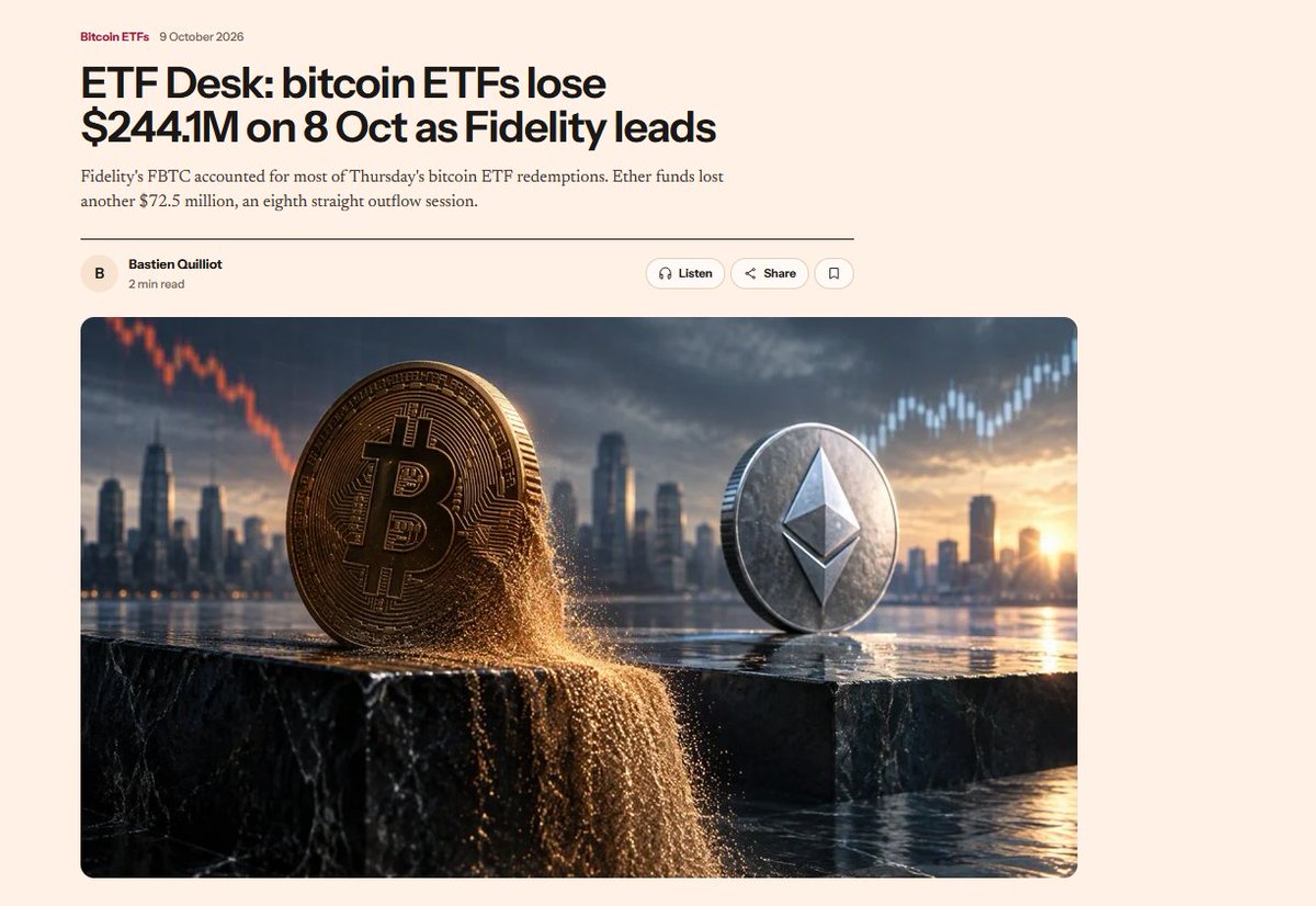 scoggc's tweet photo. Thursday's flow detail mattered.

FBTC did most of the Bitcoin damage.
ETHA again dominated Ether redemptions on an eighth consecutive outflow day.

Same complex.
Different sleeve pressure.

Institutions are sorting exposure, not abandoning digital assets as a category in one print.