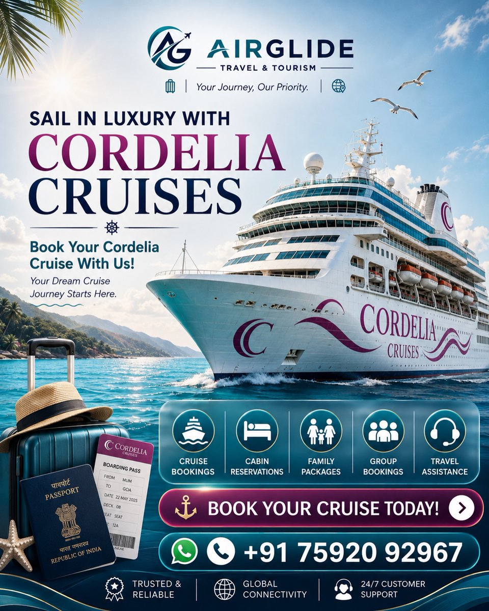 zp0536331237's tweet photo. Sail in luxury with Cordelia Cruises. Book your dream voyage with Airglide Travel &amp; Tourism for cruise bookings, cabin reservations, family packages, group bookings, and travel assistance. Book today. https://t.co/EtKrwH4u0x
