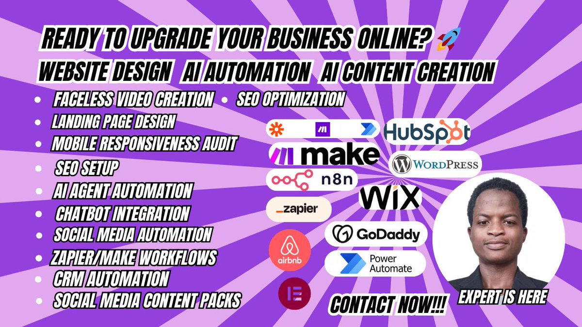 Momo_tech1's tweet photo. Ready to upgrade your business online? 🚀 I handle everything from website design to AI automation and content creation. Scale with SEO, Zapier, and smart workflows! Contact now. 💻✨ #Automation #BusinessAutomation https://t.co/xMV9EYHB3e