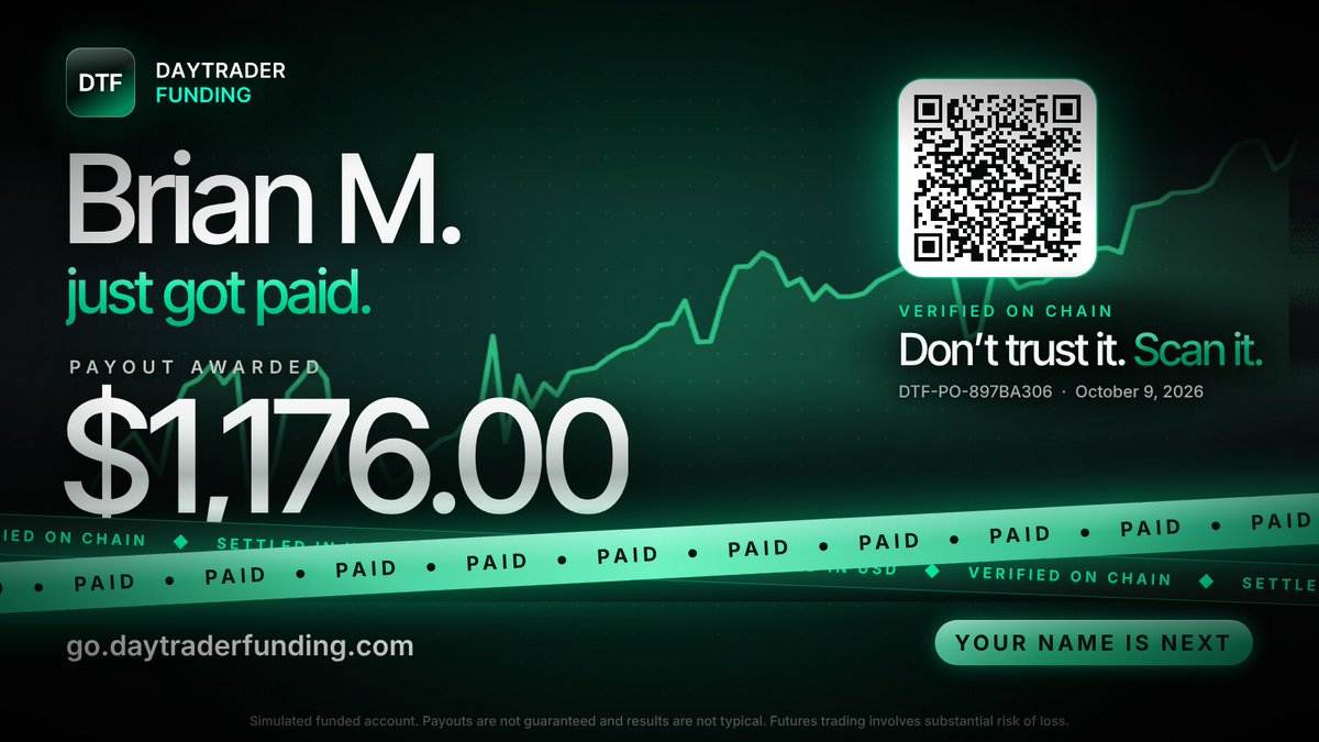 DayTraderFundin's tweet photo. Brian M. just got paid $1,176.
⠀
Funded, traded, paid. Settled in USD and verified on chain. Scan the QR and check it yourself.
⠀
Your name is next 👇
https://t.co/SOWExJOYjq https://t.co/VSvG7sQUPB