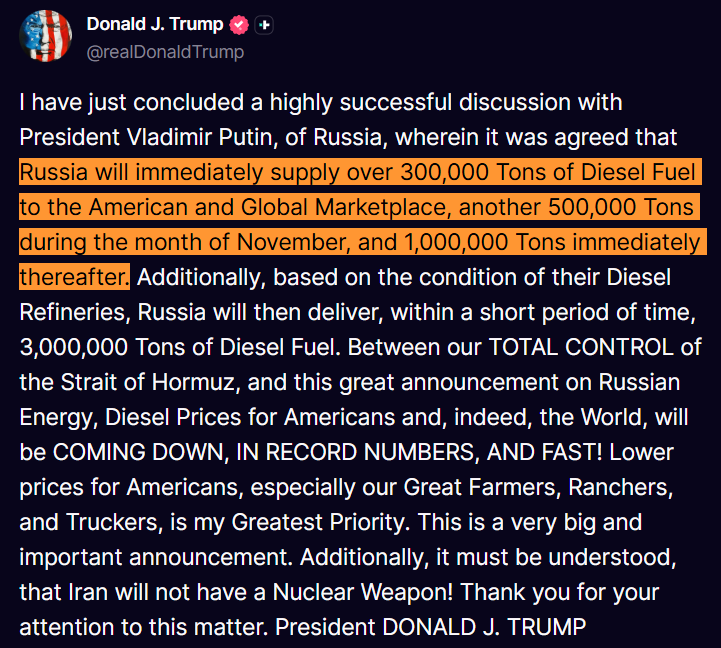 CryptooIndia's tweet photo. BREAKING: US issues a temporary general license to allow Russian diesel supplies to the American and global markets.

After slapping tariffs on India and others for buying Russian oil, the US now wants to buy Russian oil 🤡 https://t.co/zuEw70UnOH