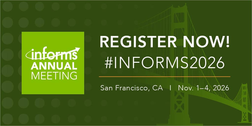 INFORMS's tweet photo. Join us in San Francisco for the 2026 INFORMS Annual Meeting, November 1–4, 2026. Connect with peers, explore new ideas, and be part of the conversations shaping the future of analytics and operations research.
Register today! https://t.co/Q6YcQSDjKa https://t.co/ZeavXkNaCU