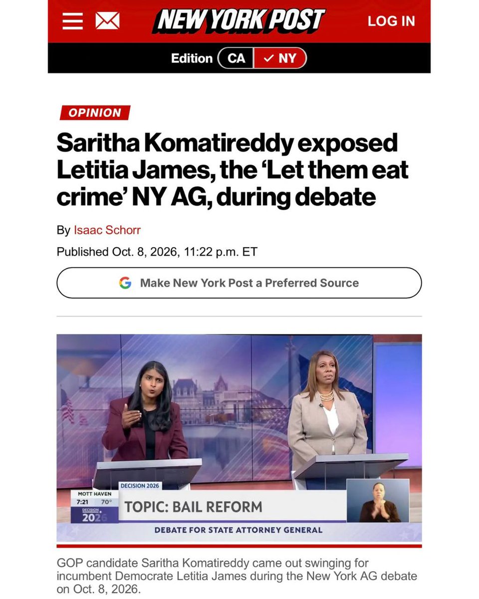 sarithaforny's tweet photo. “New Yorkers, you do not have an attorney general right now. For the last years, you’ve had a political hack sitting in the chair, using our taxpayer money for her political purposes” -Saritha Komatireddy https://t.co/Q3ClX6ZOVj