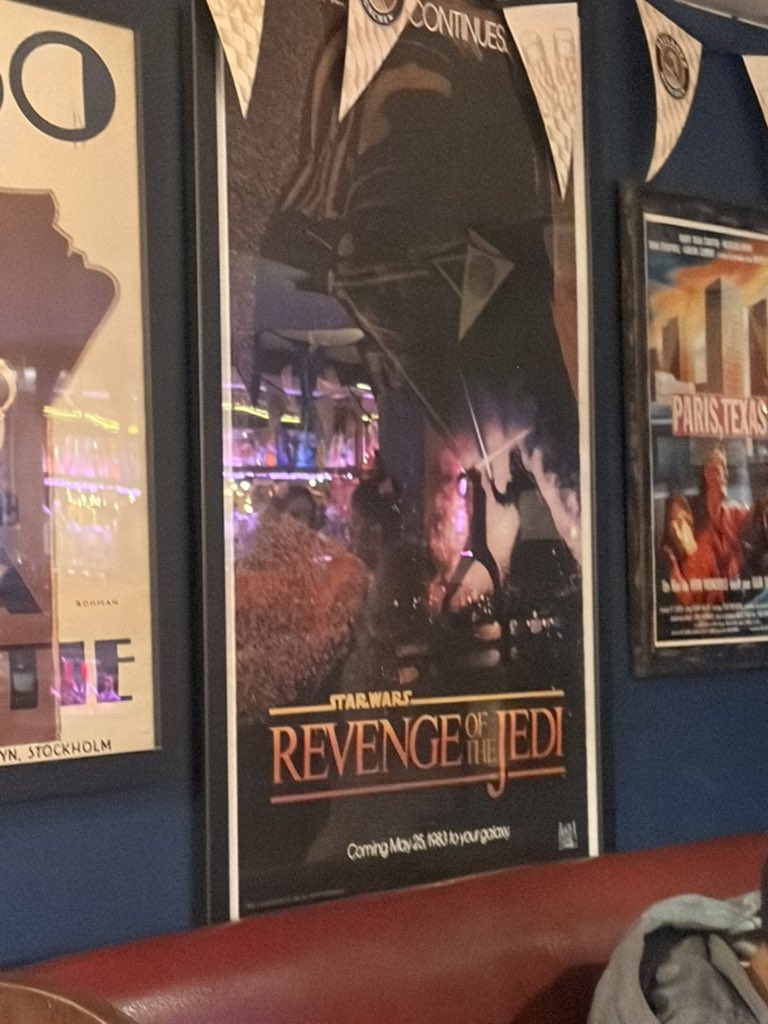 avarswren's tweet photo. in a pub while i'm visiting the uk and they just casually have a revenge of the jedi poster?? how do I sneakily cop this? https://t.co/R5VmT7UF0T