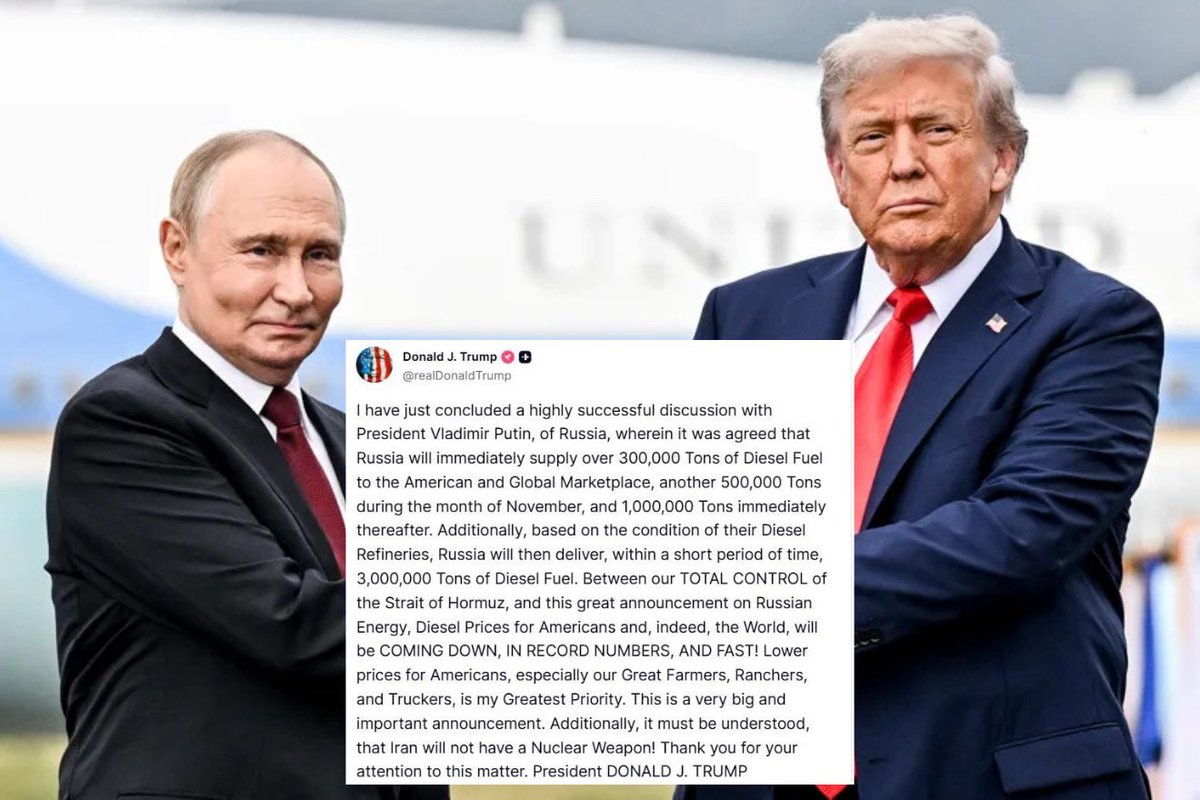 TheOtherSideRu's tweet photo. ❗️ JUST IN:

🇺🇸🇷🇺 Trump lifts sanctions on Russian petroleum products after call with Putin

The US Treasury will issue a temporary license allowing Russian diesel to flow to global markets

Despite Ukraine's attacks, Russia has a diesel surplus and stands to cash in big by supplying a market short on fuel