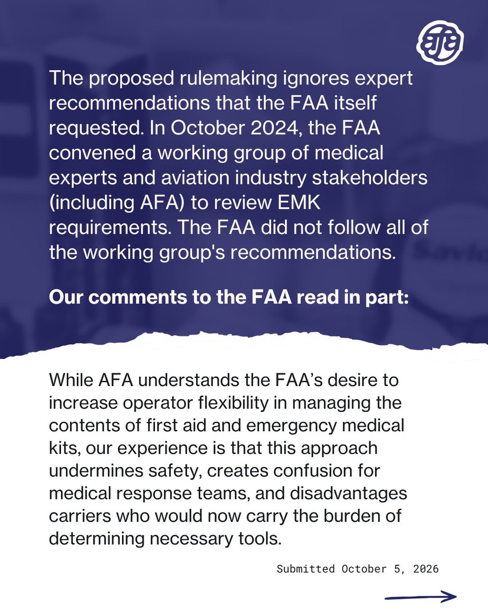 afa_cwa's tweet photo. The FAA recently proposed a rule relaxing its requirements around what items are mandatory in an onboard emergency medical kit (EMK). The rule is not yet final. 

Here’s why our union opposes this proposed rule. https://t.co/30yQtPnhar