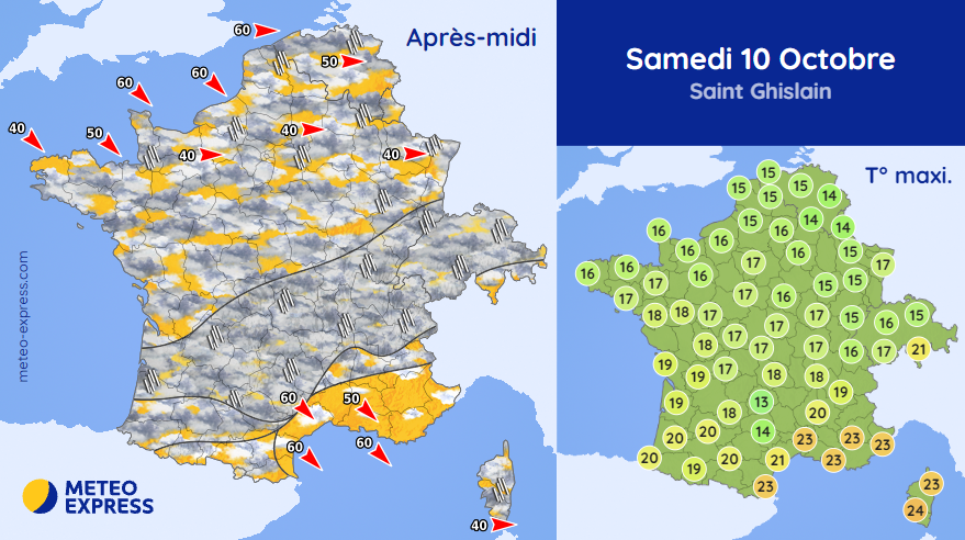 MeteoExpress's tweet photo. 🌦️ Ce samedi : petit front pluvieux de la Gironde à la Suisse. Variable au nord. Soleil en Méditerranée. ➡ https://t.co/3SZnwKCAD7 https://t.co/dDpyqL8WTt