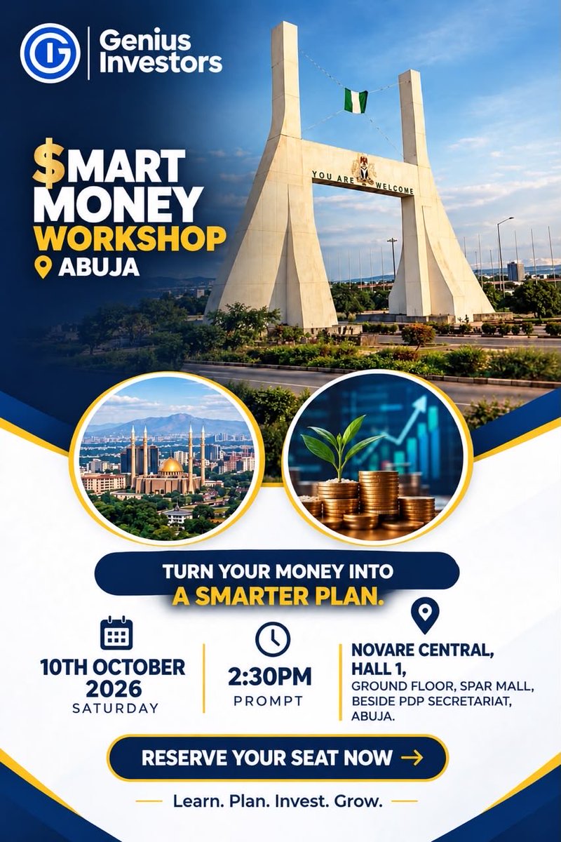 GIteam_'s tweet photo. 📍 TOMORROW in Abuja: Smart Money Workshop

Plan smarter in the digital economy. Meet the community.

🗓 Sat 10 Oct, 2:30PM prompt
📌 Novare Central, Hall 1, Spar Mall, beside PDP Secretariat

#SmartMoneyWorkshop #Abuja #GeniusInvestors https://t.co/FFaP0eSaAP