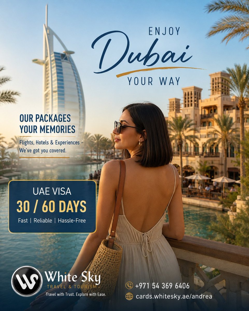 ercan54049101's tweet photo. Dubai, your way. Sun, skyline views, stylish stays, and unforgettable moments. White Sky Travel can assist with UAE visas, flights, and hotel arrangements. Call +971 54 369 6406. https://t.co/UgqGcnx4rR