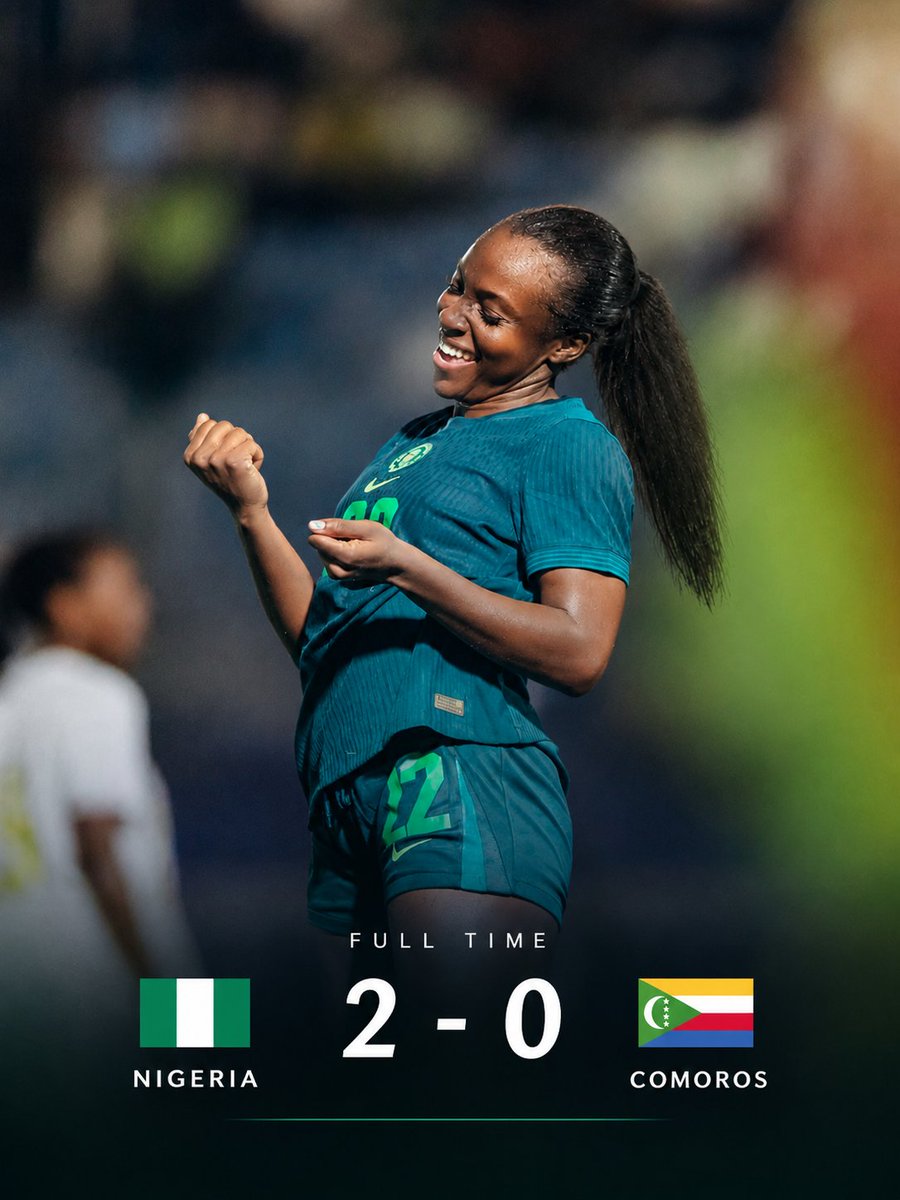nifeutd's tweet photo. FULL TIME 🇳🇬💚
The Super Falcons get the job done! 🦅🔥
🇳🇬 Nigeria 2-0 Comoros 🇰🇲
Another win for the girls! 👏🏽💚 https://t.co/TghJ9pfCQw