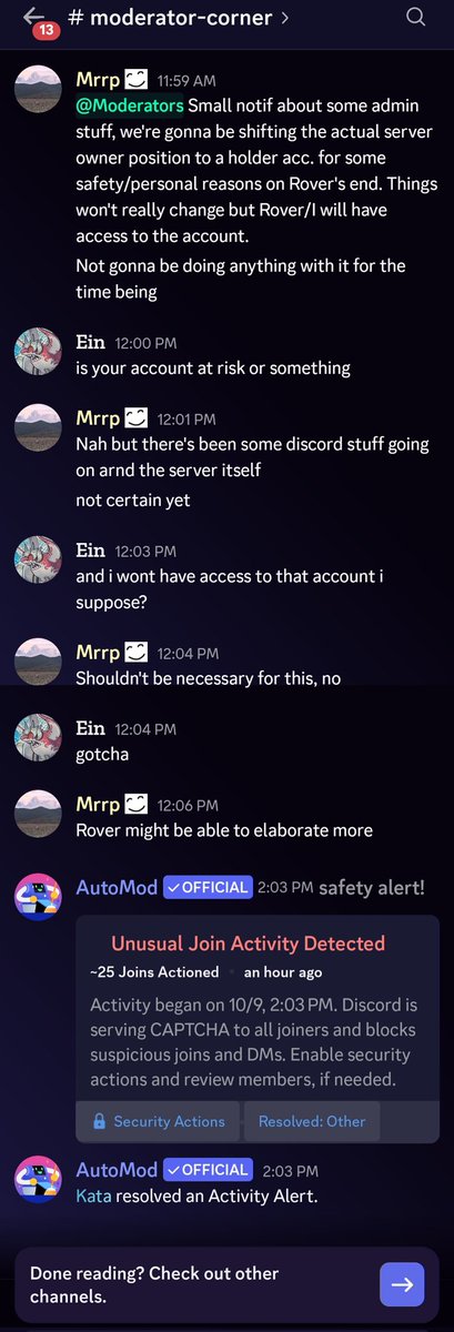 Teacupshoney's tweet photo. Mod chats are public now and you can see the last moments before the server got hacked 😭 #calamity https://t.co/BF62y0Hj2d