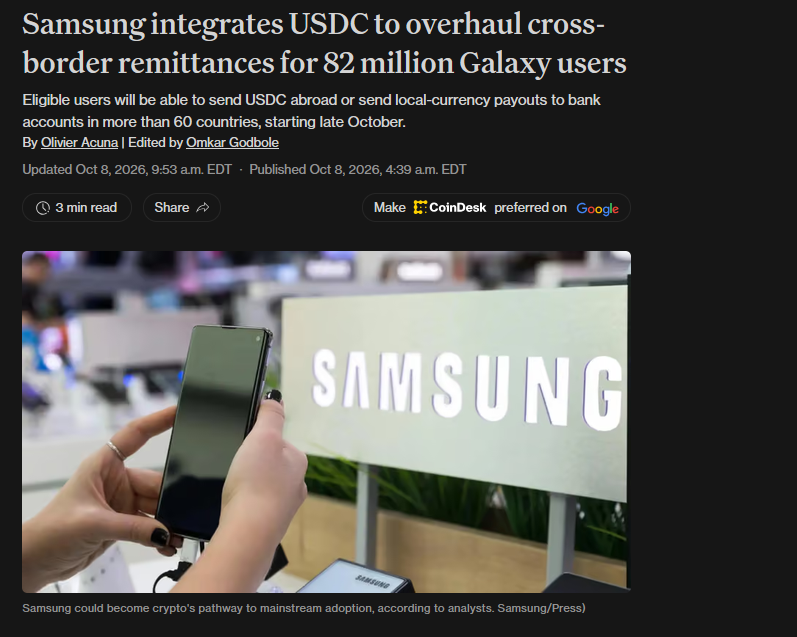 scoggc's tweet photo. Samsung distributing USDC remittances across tens of millions of Galaxy phones is still the cleanest consumer-rail story of the week.

Regulated custody.
Stablecoin settlement.
An installed wallet surface.

Ugly ETF days and real distribution can coexist.
Serious capital already knows that.