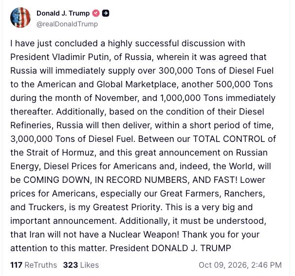 ImBreckWorsham's tweet photo. We're having to beg Russia for diesel now due to Trump's failure in the Iran war. https://t.co/aObir29ASt