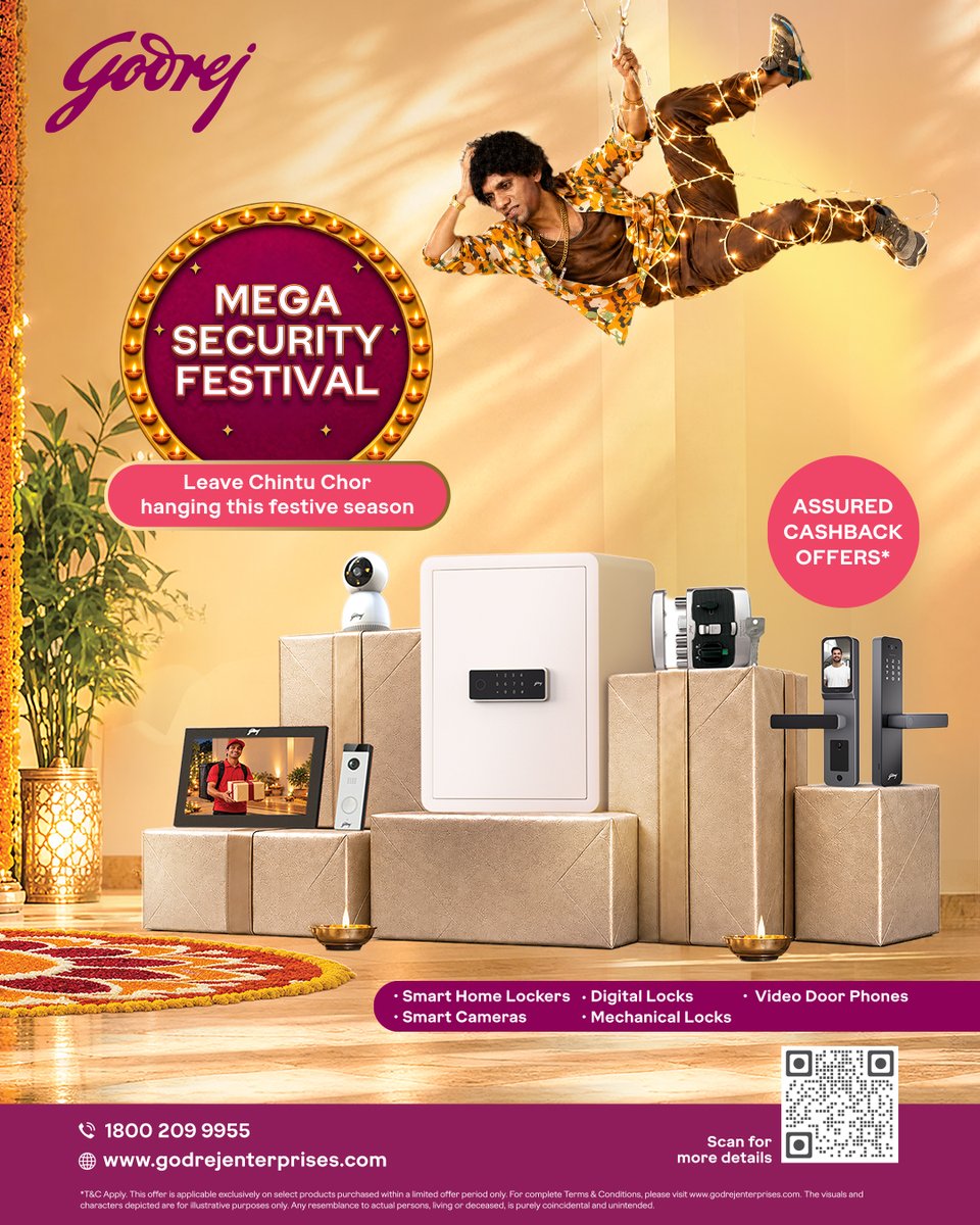godrejsecure's tweet photo. More celebrations for you, fewer chances for Chintu Chor! Get your home festive-ready with our smart security products designed to bring you greater peace of mind.
*Get assured cashback offers.

*T&amp;C apply

#Godrej #GodrejSmartSecurity #SecureSmart 
#MegaSecurityFestival https://t.co/cWqWuS6j1S