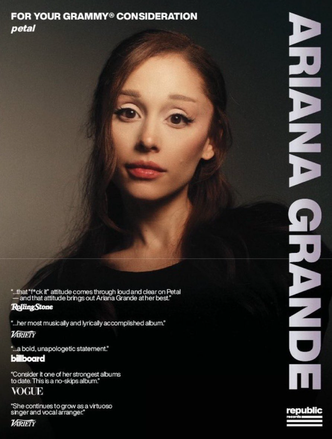 AboutMusicYT's tweet photo. Ariana Grande's For Your Consideration banner for the upcoming Grammys. https://t.co/rW0qEd41L3