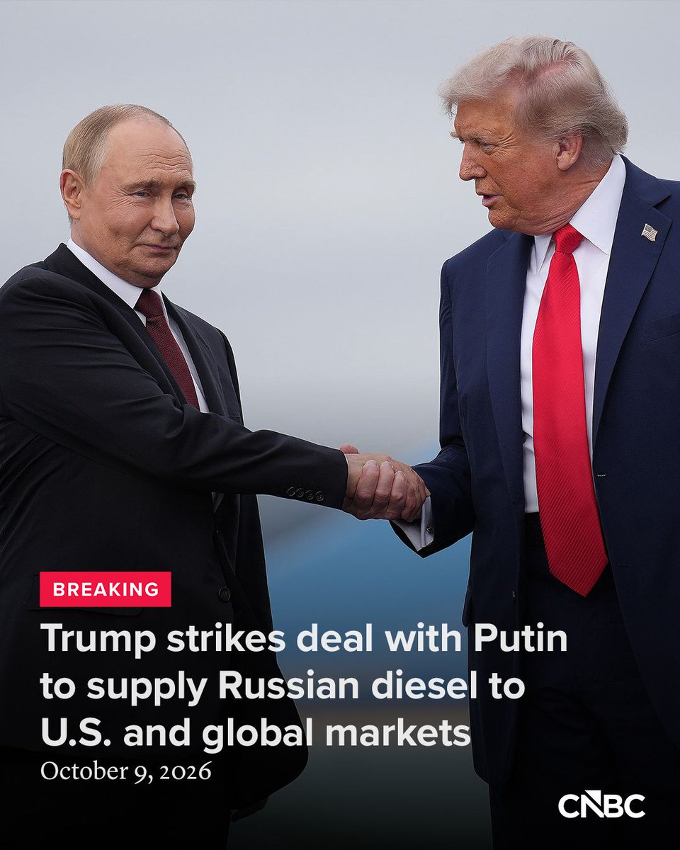 CNBC's tweet photo. President Donald Trump said Friday that Russia will supply millions of tons of diesel to the global market under a deal he struck with President Vladimir Putin.

Russia will immediately supply more than 300,000 tons of diesel, followed by 500,000 tons in November, and 1 million tons immediately thereafter, Trump said in a post on Truth Social. Moscow will then deliver another 3 million tons of diesel based on the condition of Russia’s refineries, Trump said.

Read more: https://t.co/QouiiXxt34